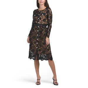 DALIA MACPHEE Black Long Sleeve Lace Midi Dress